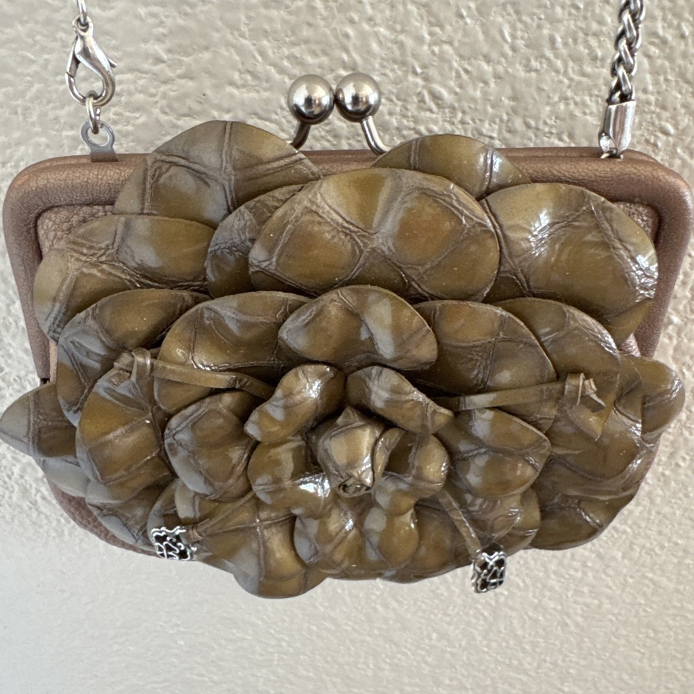 Brighton "Roselie"Metallic Pewter Leather Flower Crossbody Sm Purse Chain Strap